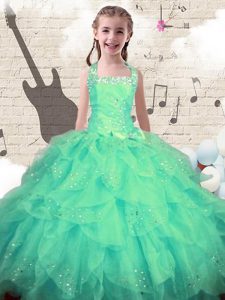 Latest Halter Top Turquoise Lace Up Girls Pageant Dresses Beading and Ruffles Sleeveless Floor Length