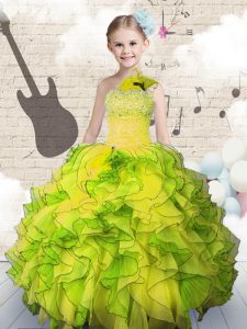Excellent Floor Length Ball Gowns Sleeveless Yellow Green Little Girl Pageant Gowns Lace Up
