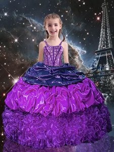Eggplant Purple Ball Gowns Spaghetti Straps Sleeveless Organza Floor Length Lace Up Beading and Ruffles and Pick Ups Pageant Gowns For Girls