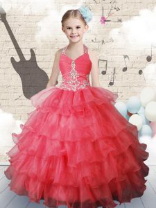 Discount Halter Top Ruffled Coral Red Sleeveless Organza Lace Up Kids Formal Wear for Party and Wedding Party