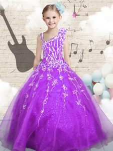 Customized Purple Ball Gowns Organza Asymmetric Sleeveless Beading and Appliques and Hand Made Flower Floor Length Lace Up Kids Pageant Dress