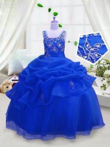 High End Royal Blue Zipper Little Girls Pageant Dress Wholesale Beading and Pick Ups Sleeveless Floor Length