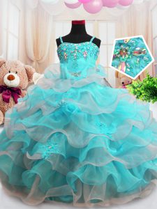 Ruffled Aqua Blue Sleeveless Organza Zipper Child Pageant Dress for Party and Wedding Party