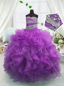 Purple Lace Up Little Girls Pageant Dress Beading and Ruffles Sleeveless Floor Length