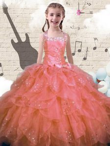 Fashionable Halter Top Floor Length Lace Up Pageant Gowns For Girls Pink for Party and Wedding Party with Beading and Ruffles