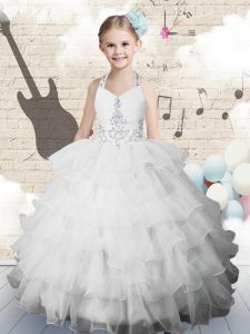 Halter Top White Sleeveless Beading and Ruffled Layers Floor Length Little Girls Pageant Dress Wholesale