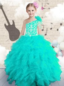Modern One Shoulder Sleeveless Embroidery and Ruffles and Hand Made Flower Lace Up Kids Formal Wear