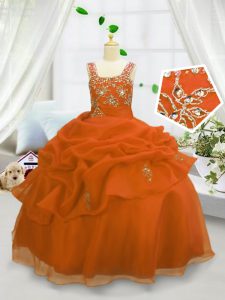 Sweet Straps Sleeveless Little Girl Pageant Gowns Floor Length Beading and Pick Ups Orange Organza