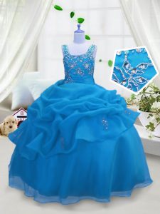 Perfect Aqua Blue Sleeveless Floor Length Beading and Pick Ups Lace Up Pageant Gowns For Girls