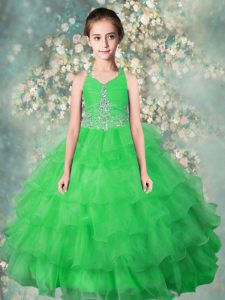 Halter Top Ruffled Floor Length Ball Gowns Sleeveless Green Little Girls Pageant Dress Wholesale Zipper