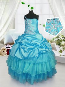 Glorious Floor Length Lace Up Little Girl Pageant Dress Aqua Blue for Military Ball and Sweet 16 and Quinceanera with Pick Ups