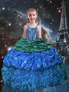 Luxurious Blue Ball Gowns Beading and Ruffles and Pick Ups Little Girls Pageant Gowns Lace Up Organza Sleeveless Floor Length