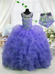 On Sale Ruffled Ball Gowns Kids Formal Wear Lavender Scoop Organza Sleeveless Floor Length Lace Up