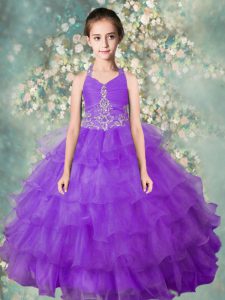 Customized Halter Top Lavender Ball Gowns Beading and Ruffled Layers Kids Formal Wear Zipper Organza Sleeveless Floor Length