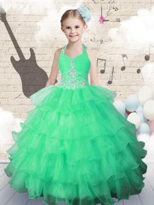 Excellent Ruffled Ball Gowns Child Pageant Dress Green Halter Top Organza Sleeveless Floor Length Lace Up