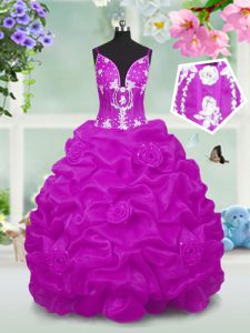 Elegant Floor Length Lace Up Kids Formal Wear Fuchsia for Party and Wedding Party with Beading and Appliques and Pick Ups
