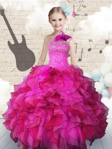 One Shoulder Hot Pink Ball Gowns Beading and Ruffles Kids Formal Wear Lace Up Organza Sleeveless Floor Length