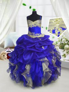 Beading and Ruffles and Pick Ups Little Girl Pageant Dress Royal Blue Lace Up Sleeveless Floor Length