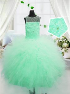 Best Scoop Floor Length Apple Green Little Girl Pageant Gowns Tulle Sleeveless Beading and Appliques