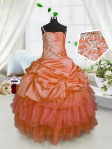 Pick Ups Ruffled Ball Gowns Girls Pageant Dresses Orange One Shoulder Satin and Tulle Sleeveless Floor Length Lace Up