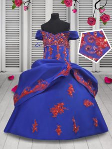 Fancy Ball Gowns Child Pageant Dress Royal Blue Off The Shoulder Satin Sleeveless Floor Length Lace Up