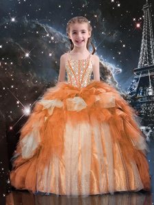 Tulle Spaghetti Straps Sleeveless Lace Up Beading and Ruffled Layers Little Girls Pageant Dress Wholesale in Gold