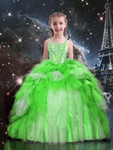 Cheap Sleeveless Lace Up Floor Length Beading and Ruffles Little Girl Pageant Dress