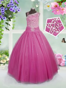 Sleeveless Floor Length Beading Side Zipper Little Girls Pageant Dress with Rose Pink