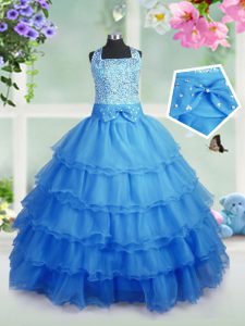 Baby Blue Sleeveless Beading and Ruffled Layers Floor Length Little Girl Pageant Dress