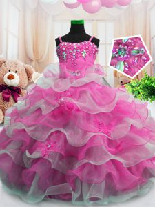 Lovely Floor Length Hot Pink Child Pageant Dress Organza Sleeveless Beading and Ruffled Layers