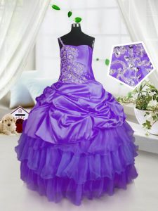 Beading and Ruffled Layers and Pick Ups Little Girls Pageant Dress Purple Lace Up Sleeveless Floor Length