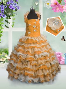 Beading and Appliques and Ruffled Layers Kids Formal Wear Orange Lace Up Sleeveless Floor Length