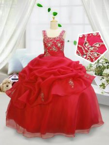 Coral Red Straps Lace Up Beading and Pick Ups Little Girls Pageant Gowns Sleeveless