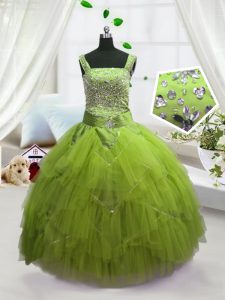 Popular Yellow Green Straps Neckline Beading and Ruffles Pageant Gowns For Girls Sleeveless Lace Up