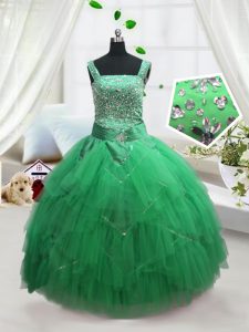 Turquoise Lace Up Straps Beading and Ruffles Child Pageant Dress Tulle Sleeveless
