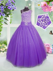 Lavender Side Zipper Asymmetric Beading Little Girl Pageant Gowns Tulle Sleeveless