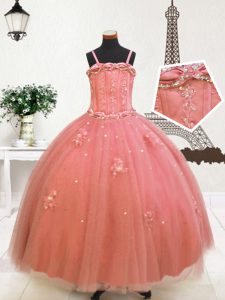 Sleeveless Zipper Floor Length Beading and Appliques Child Pageant Dress