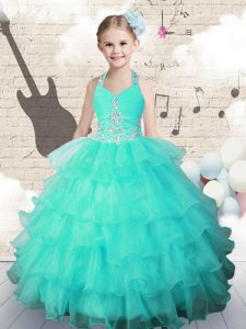Stunning Halter Top Organza Sleeveless Floor Length Kids Pageant Dress and Beading and Ruffled Layers