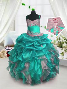 Turquoise Girls Pageant Dresses Party and Wedding Party with Beading and Ruffles and Pick Ups Spaghetti Straps Sleeveless Lace Up