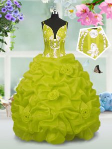 Yellow Green Ball Gowns V-neck Sleeveless Taffeta Floor Length Lace Up Beading and Pick Ups Girls Pageant Dresses