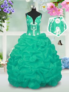 Cheap Pick Ups Ball Gowns Little Girls Pageant Dress Turquoise V-neck Taffeta Sleeveless Floor Length Lace Up