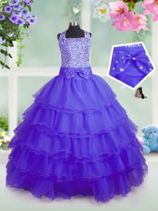 Purple Sleeveless Floor Length Beading and Ruffled Layers Zipper Little Girl Pageant Dress