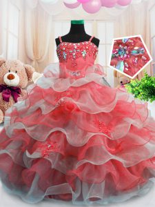 Beauteous Floor Length Red Kids Formal Wear Organza Sleeveless Beading and Ruffled Layers
