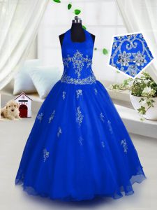 Best Tulle Halter Top Sleeveless Lace Up Appliques Little Girls Pageant Dress Wholesale in Blue