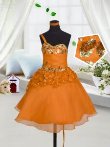 Sleeveless Organza Mini Length Lace Up Girls Pageant Dresses in Orange Red with Beading and Hand Made Flower