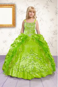 Eye-catching Spaghetti Straps Sleeveless Satin Child Pageant Dress Beading and Appliques and Pick Ups Lace Up