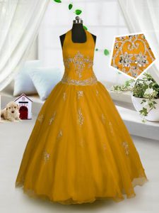 Stylish Halter Top Orange Lace Up Child Pageant Dress Appliques Sleeveless Floor Length