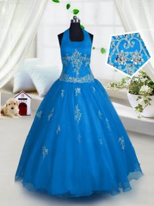 Superior Aqua Blue A-line Tulle Halter Top Sleeveless Appliques Floor Length Lace Up Child Pageant Dress