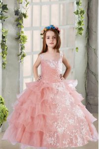 Hot Selling Baby Pink Ball Gowns Lace and Ruffled Layers Kids Formal Wear Lace Up Organza Sleeveless Floor Length