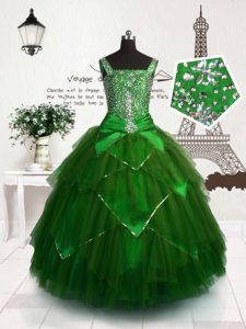 Floor Length Lace Up Little Girl Pageant Gowns Dark Green for Party and Wedding Party with Beading and Sashes ribbons